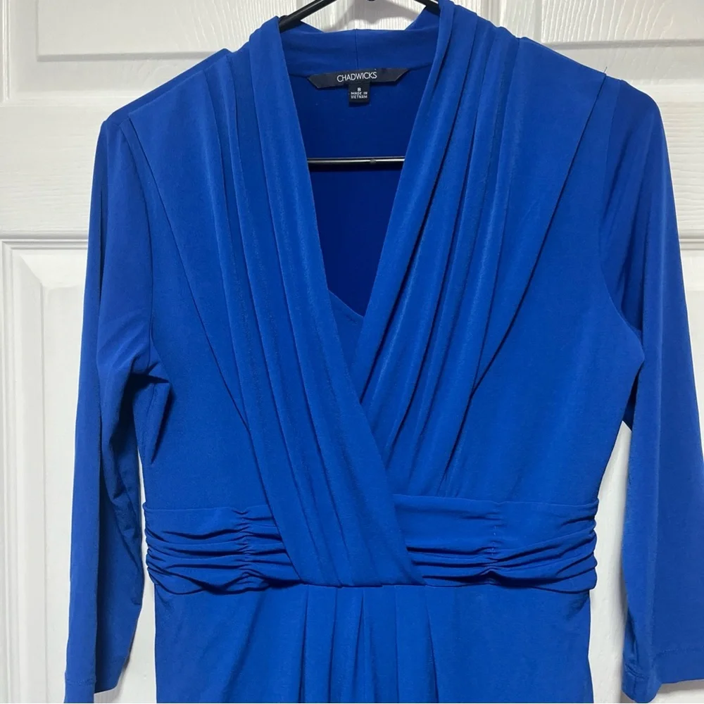 Chadwicks Classic Blue Mid Length Sleeved Criss Cross Dress Sz 8 - Picture 2 of 8